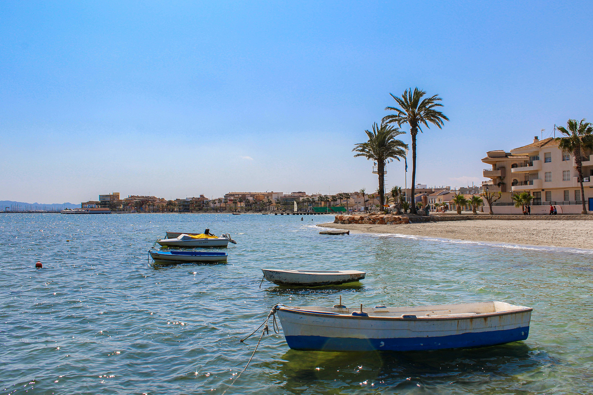 Small boats on the calm Mar Menor beside Los Alcázares